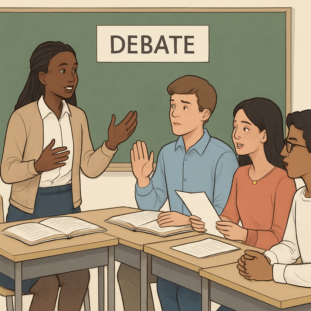 A group of diverse high school students participating in an academic debate, showcasing teamwork and communication skills. High school students in a debate, demonstrating skills essential for U.S. graduate study success.