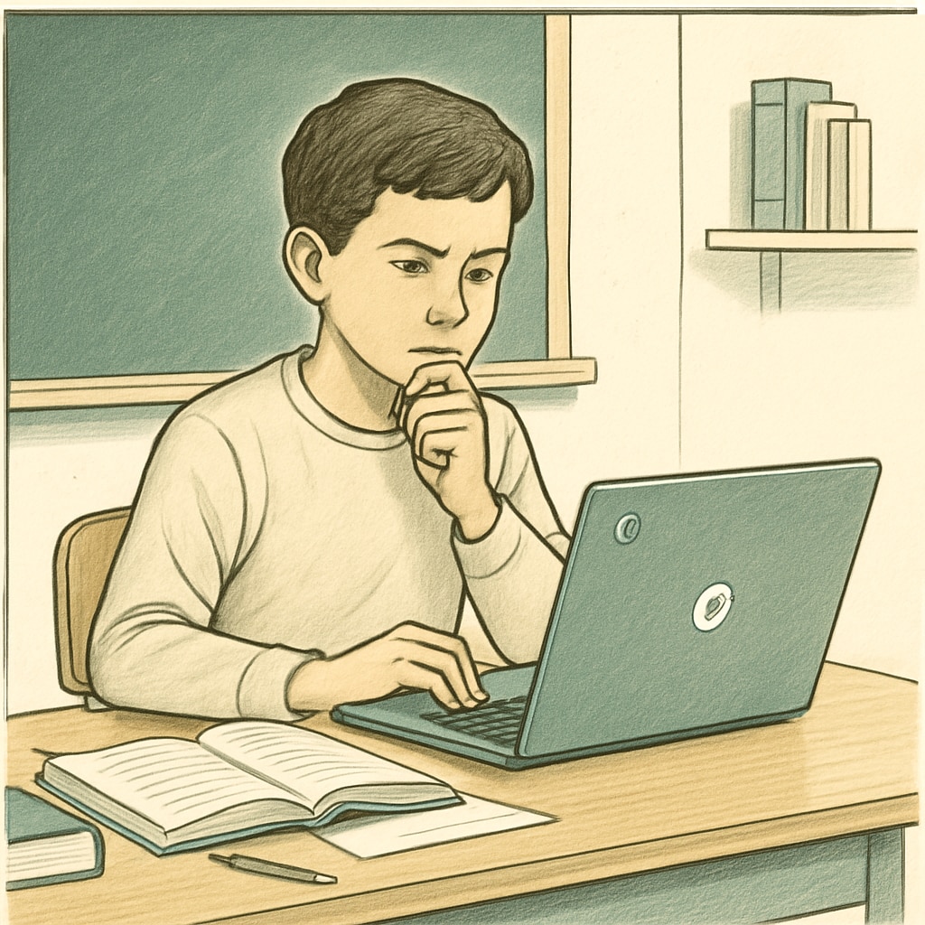 A student working on a Chromebook in class while demonstrating critical thinking skills.