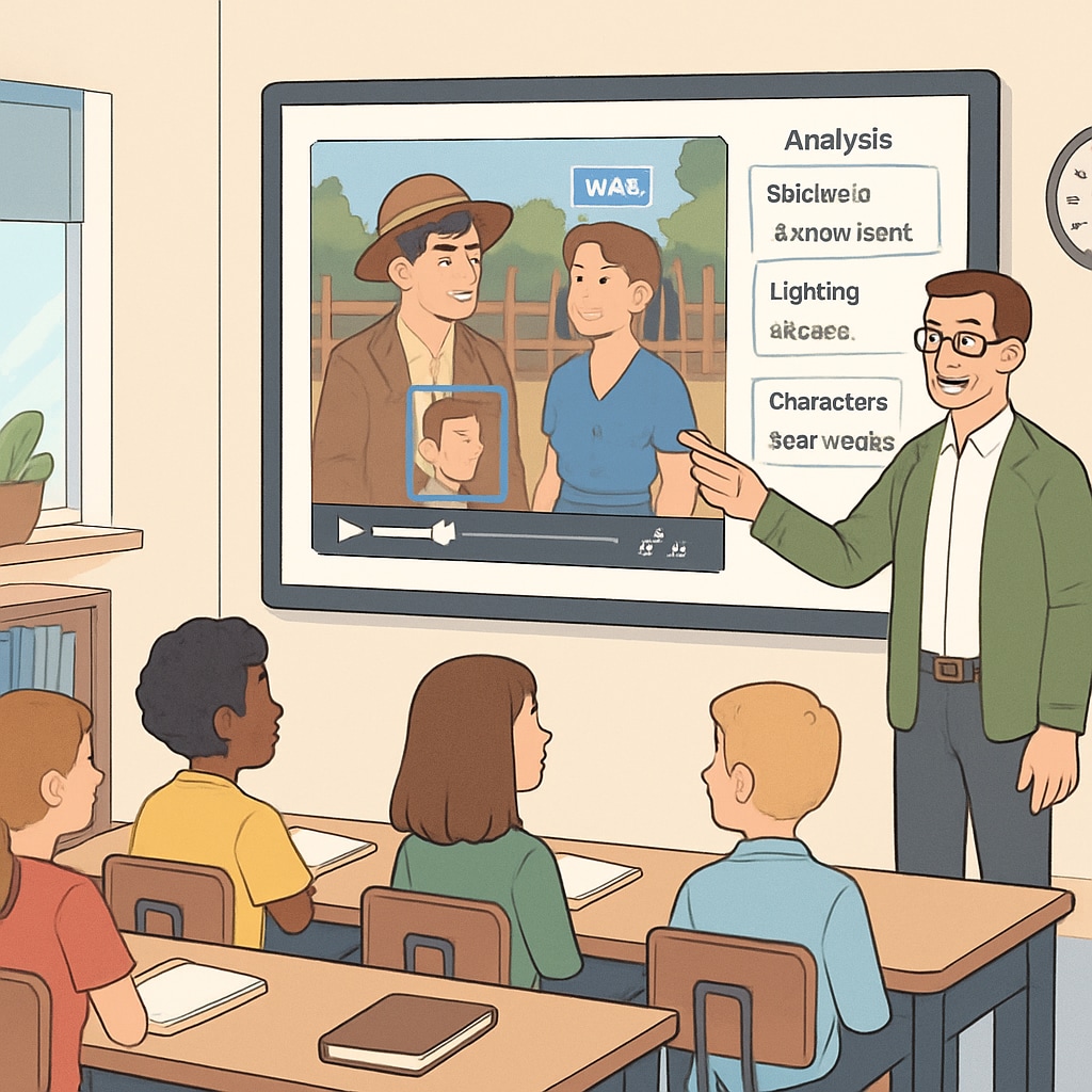 A classroom setting where a teacher uses AI-powered software to guide students in analyzing a film scene. Classroom using AI writing prompts for media literacy education.