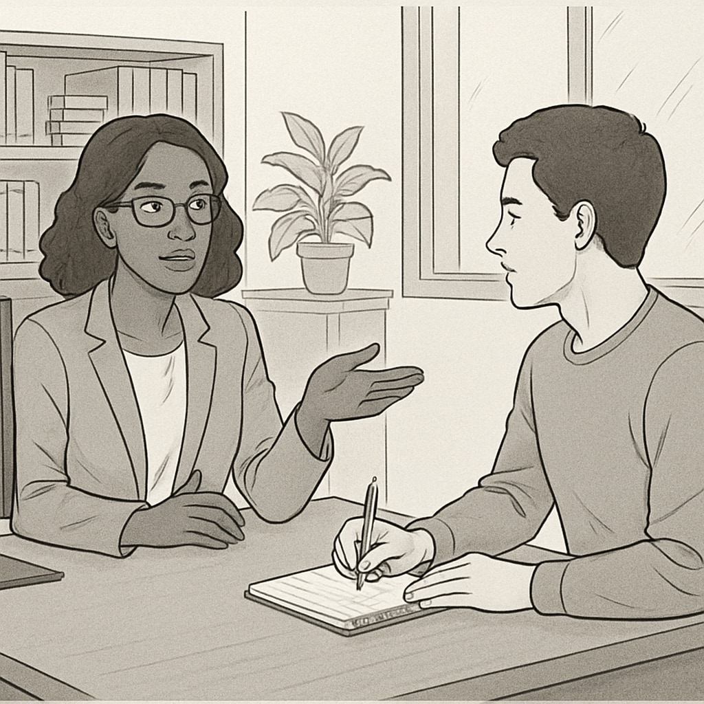 A professional counselor discussing graduate application strategies with a student in an office setting. Education consultant advising a student on U.S. graduate school applications.