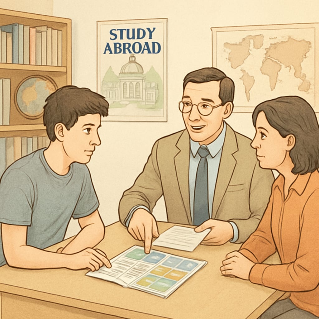 A professional advisor discussing study abroad options with a student and parent. A study abroad counselor advising a student and parent about U.S. master’s programs.