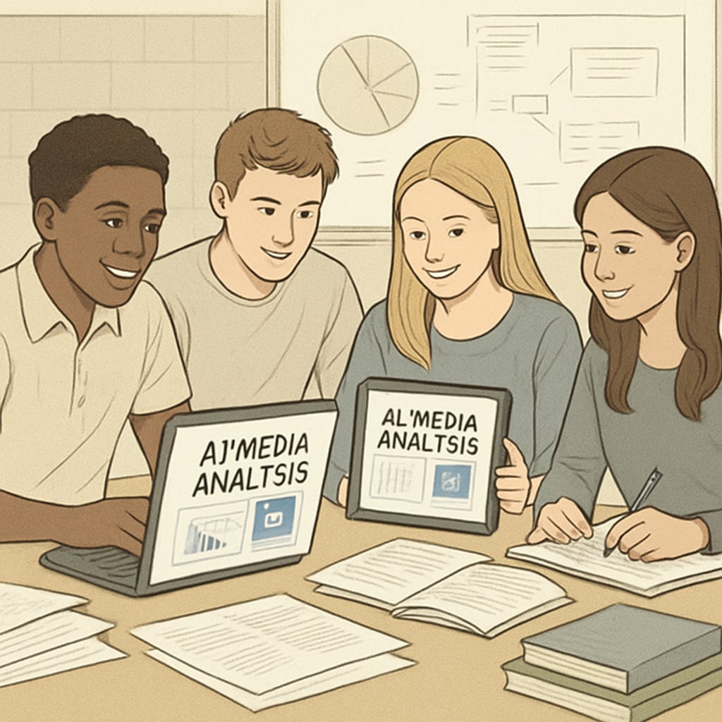 A high school student group collaborating on a media analysis presentation using AI tools. Students using AI tools for collaborative media analysis projects.