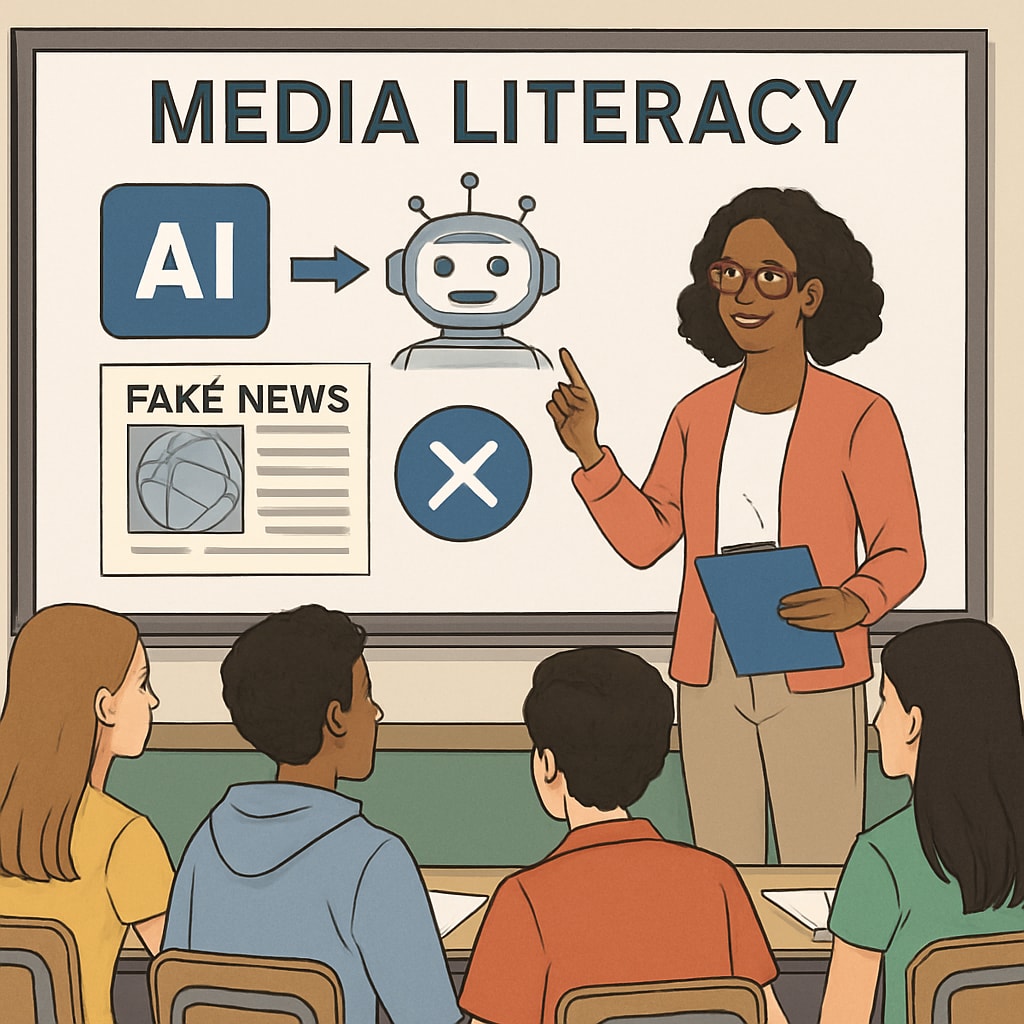 An illustration of a teacher using AI tools on a digital whiteboard to explain media literacy to a diverse group of high school students. Teacher demonstrating media literacy concepts with AI tools.