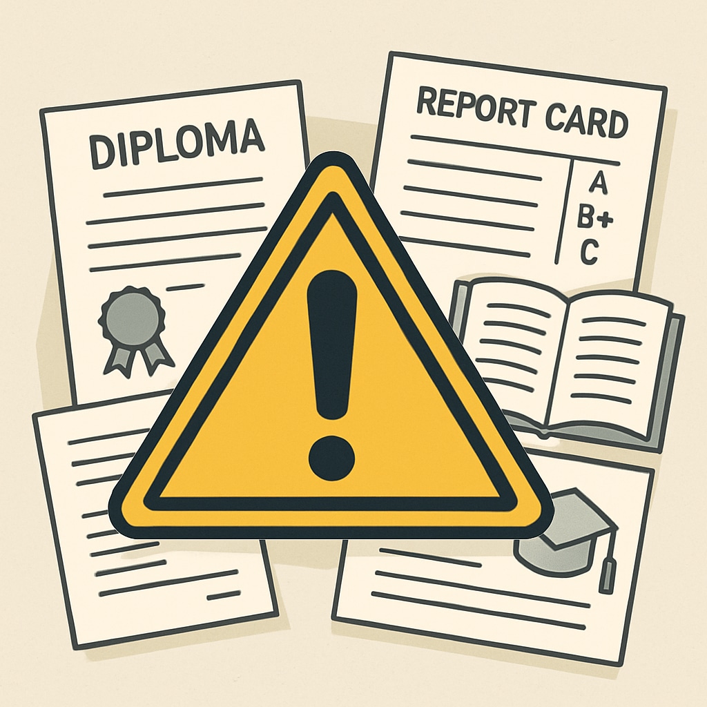 A warning sign symbolizing caution, with educational documents in the background. A caution sign with educational documents, highlighting potential risks in choosing study abroad agencies.