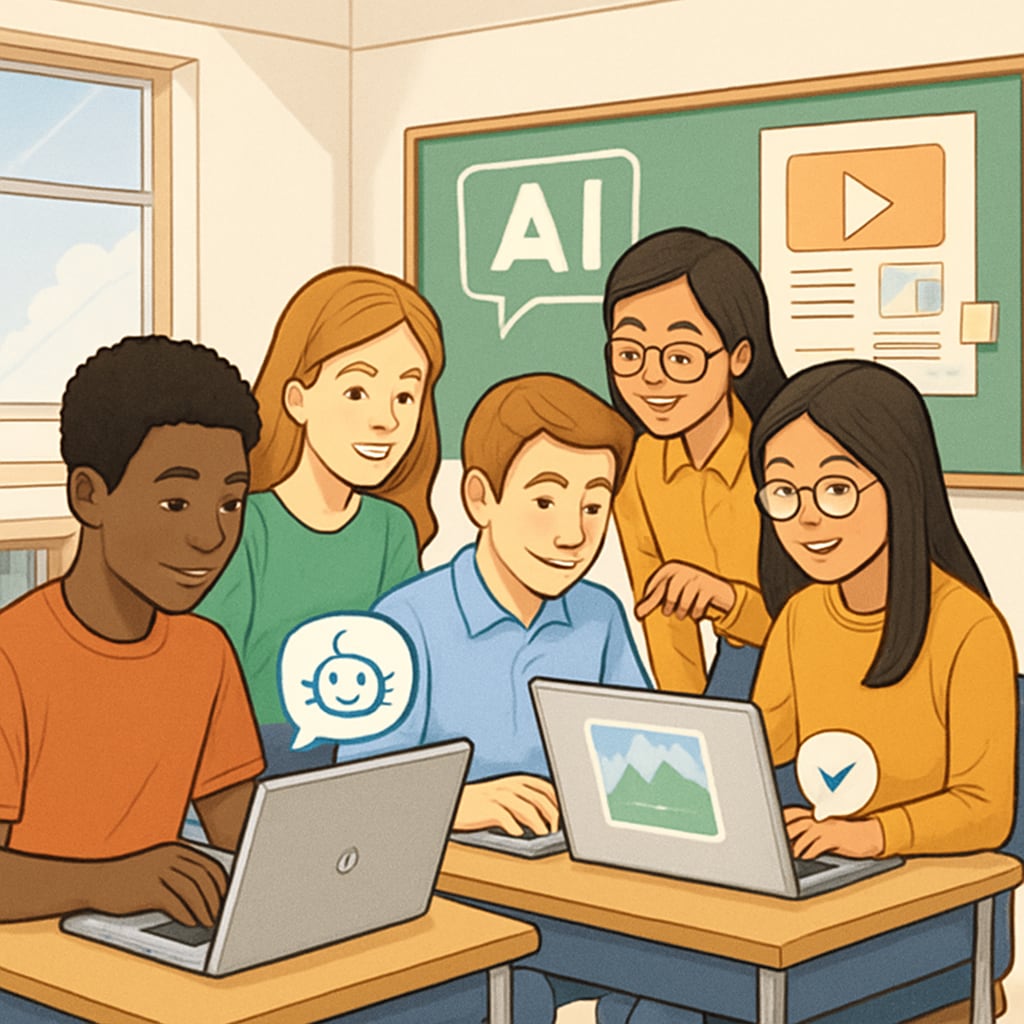 High school students collaborating in a classroom setting, using laptops and AI tools to evaluate media content. Students using AI tools for media literacy in a classroom.