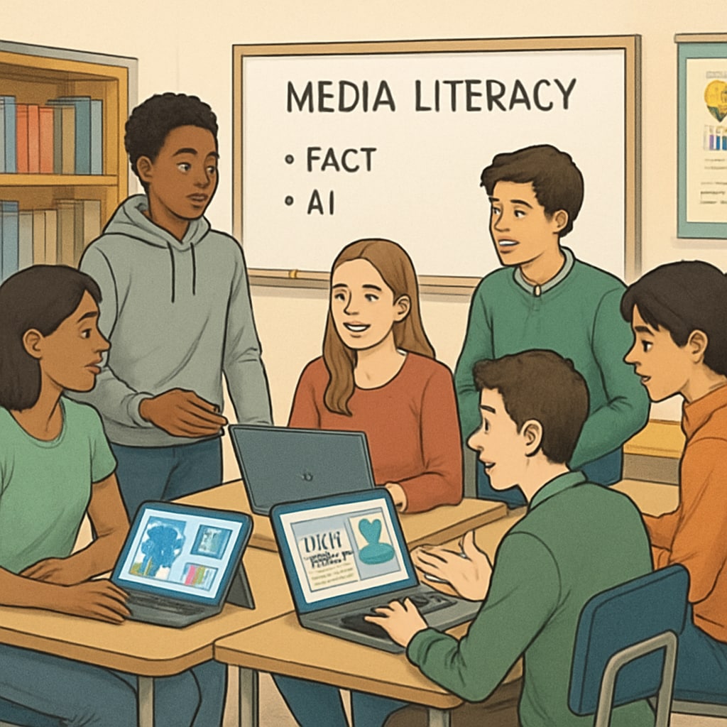 A classroom of high school students discussing media literacy using AI-powered resources on tablets and laptops. High school students using AI tools for media literacy education