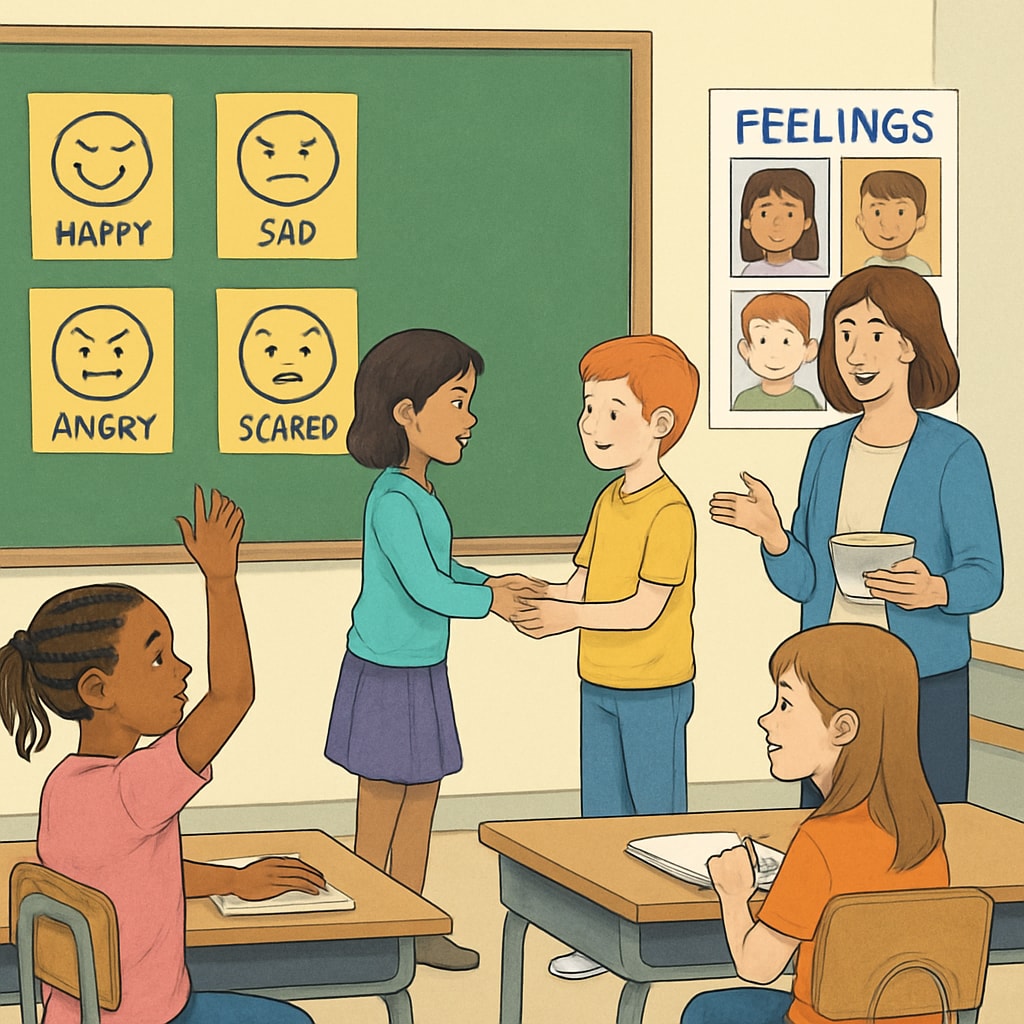 A classroom with children engaged in activities promoting emotional literacy, such as role-playing or discussing their feelings. Classroom promoting emotional literacy among children through interactive activities.