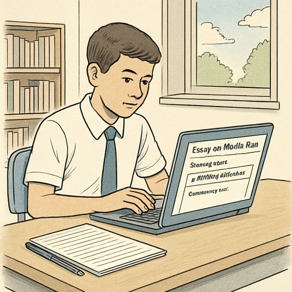 A high school student writing an essay on media bias using an AI-powered writing assistant on their laptop. Student using AI for media literacy writing exercises