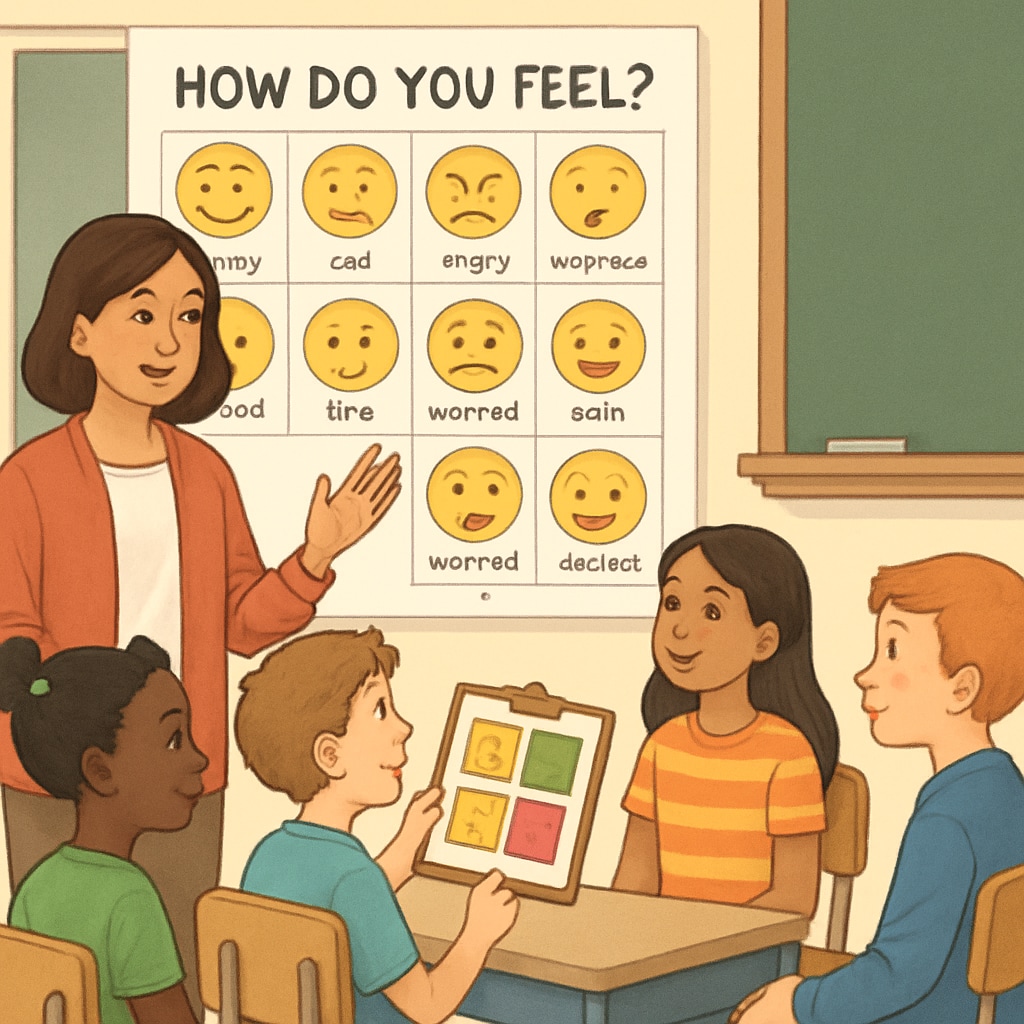 A teacher leading a group discussion on emotions, using visual aids like emotion charts or mood boards. Teacher using emotion charts to teach children about emotional regulation.