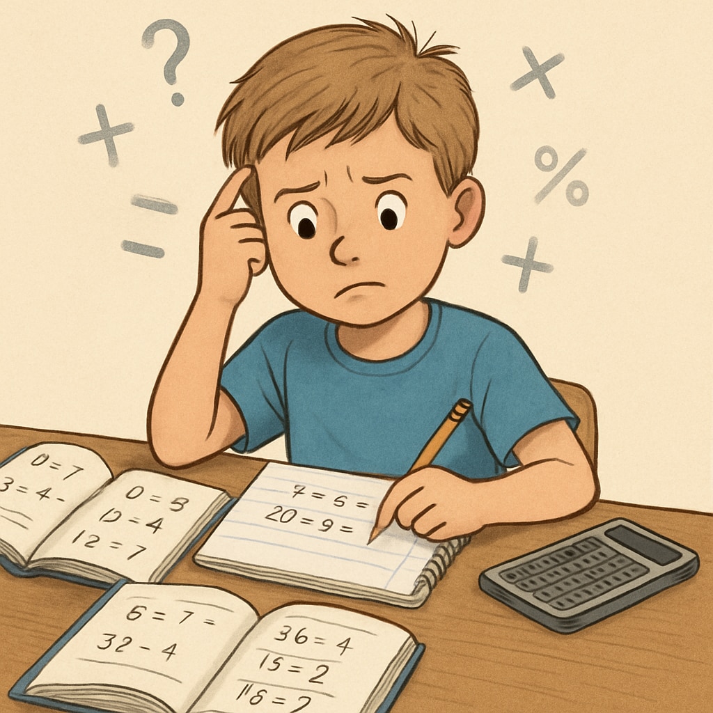 A child looking puzzled while doing math homework, surrounded by books and a calculator. This image highlights the challenges kids face in understanding why math is important. A confused child working on math homework, illustrating math education struggles.