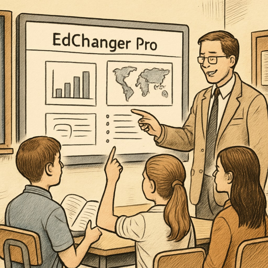 Students and teacher using EdChanger Pro on an interactive whiteboard for collaborative learning.