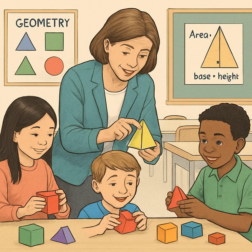 A teacher guiding students through hands-on math activities using building blocks to demonstrate geometry concepts. The image illustrates interactive and personalized learning strategies. A teacher engaging students in hands-on math activities, showcasing learning motivation techniques.