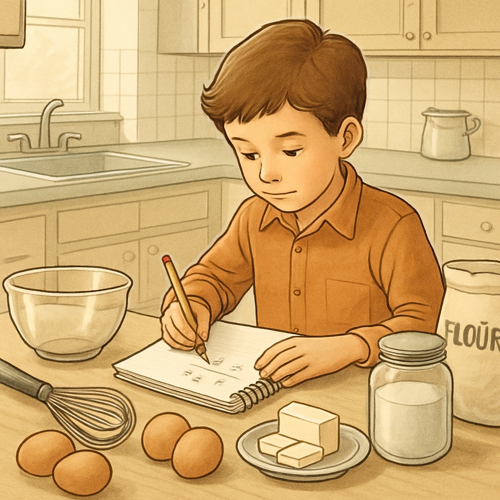 A child calculating ingredients for a recipe in the kitchen, demonstrating real-life math applications. Child calculating recipe ingredients with math, showing practical applications.