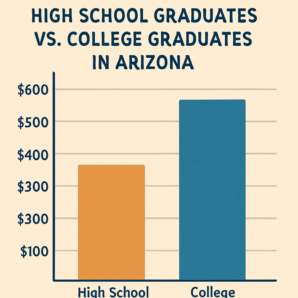 A comparison chart of average salaries for high school vs. college graduates in Arizona. The chart illustrates the economic impact of degree discrimination. Salary comparison chart for high school and college graduates in Arizona.