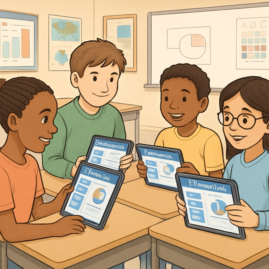 A diverse group of students in a classroom using EdChanger Pro on tablets during a collaborative activity. Students using EdChanger Pro interactive tools in a K12 classroom.