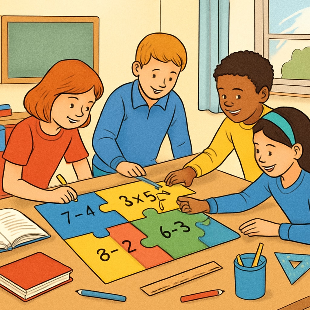 Students solving a colorful math puzzle in a classroom setting, showcasing interactive learning. Students solving math puzzles through interactive learning.