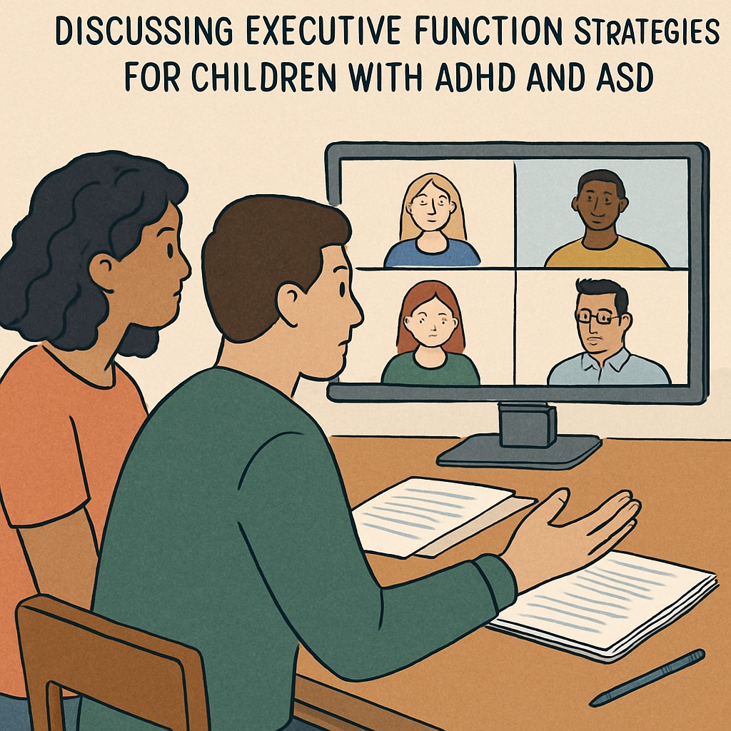 Parents engaging in discussions during an online summit about executive function development in children with ADHD and ASD.