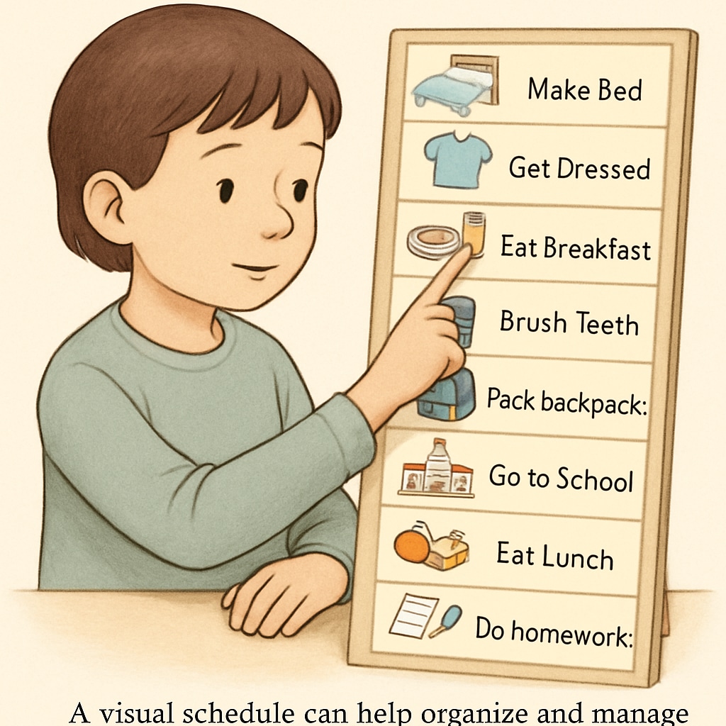A child using a visual schedule to manage their daily tasks, illustrating the importance of structured routines in executive function development. Child using a visual schedule for executive function support in ADHD and ASD.