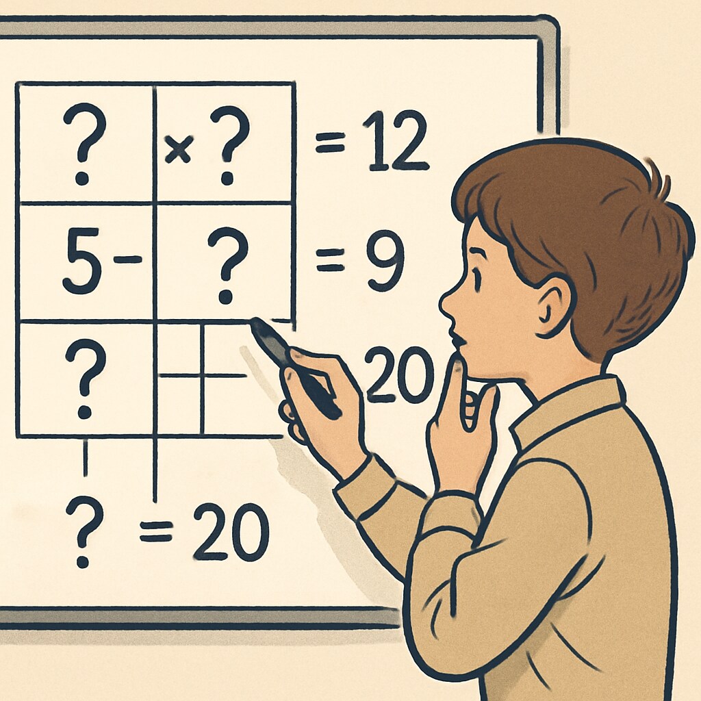 A student solving a fun math puzzle on a whiteboard, showcasing critical thinking development through math. A student smiling while solving a math puzzle, representing the positive aspect of learning math.