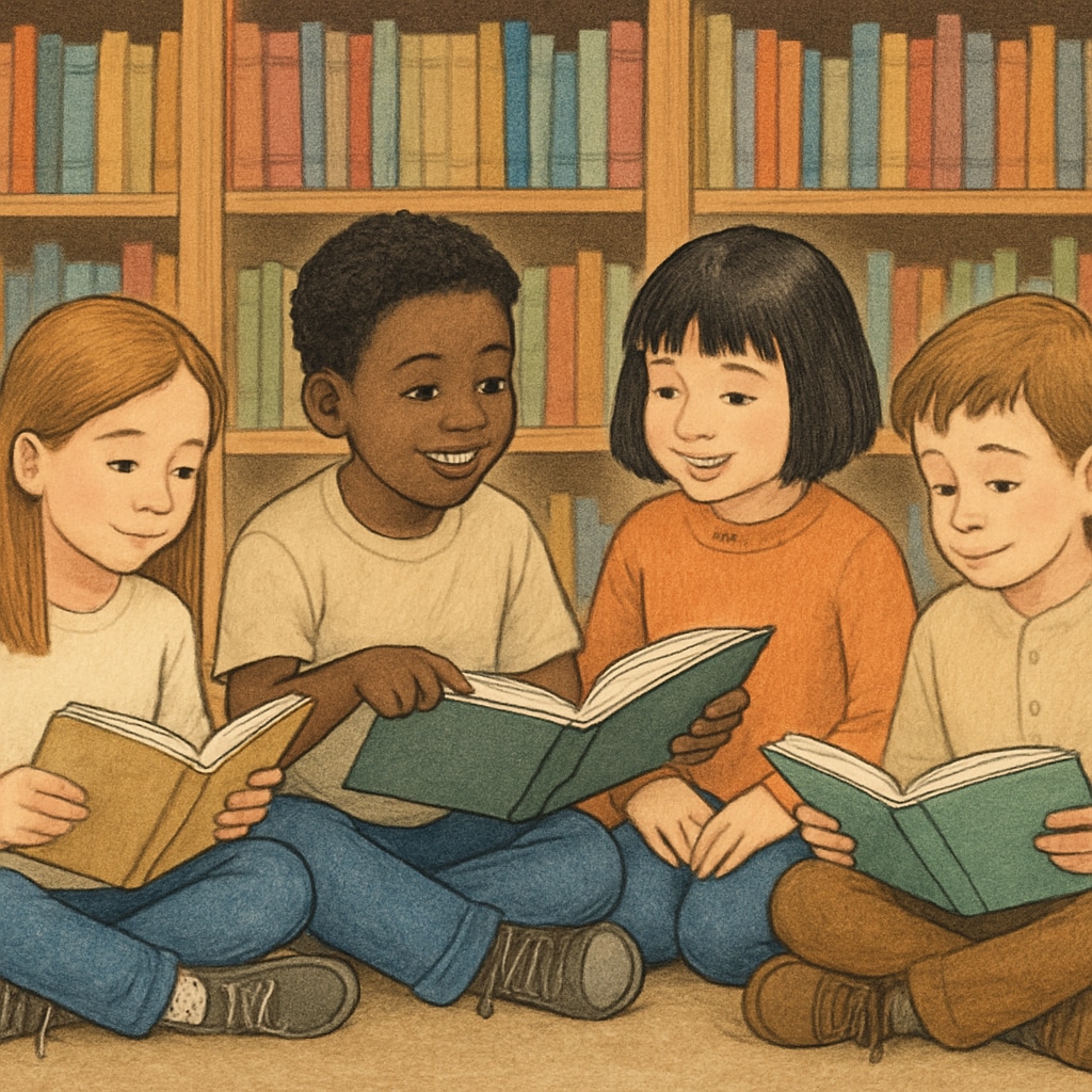 A group of children reading together in a library, symbolizing the whole language approach and literacy immersion. Children reading books together, promoting whole language immersion