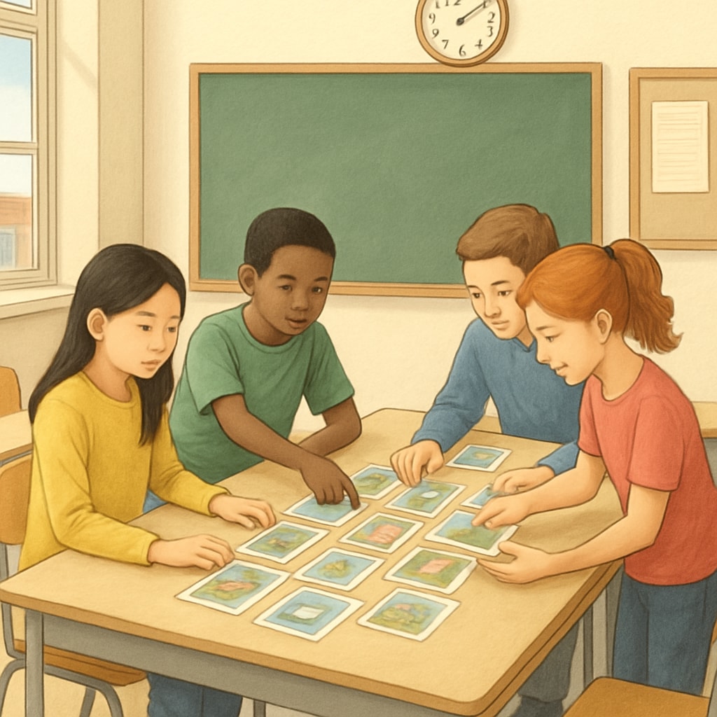 A classroom of students actively participating in a Zoom/ReZoom activity, focusing on rearranging visual cards together. Students engaging in a Zoom/ReZoom activity to arrange visual cards in sequence.