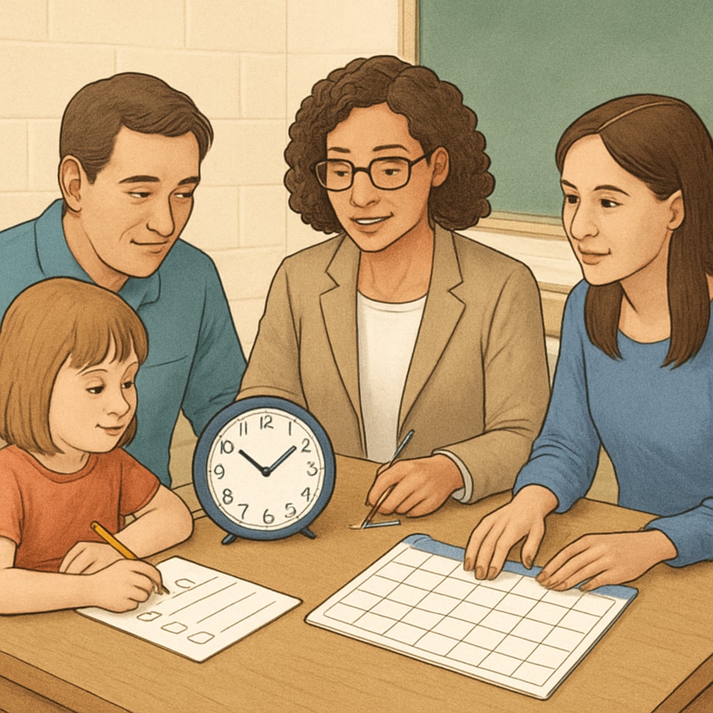 Parents and a therapist working with a child to develop time management skills, emphasizing the role of collaboration in special education. Parents and therapist supporting time management skills in special needs children.