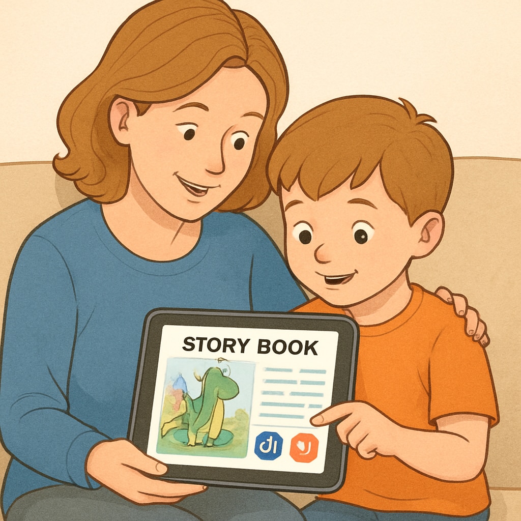 A parent and child engaged in reading a digital storybook together on a tablet, representing the interactive elements of the app. Parent and child using a children's reading app on a tablet