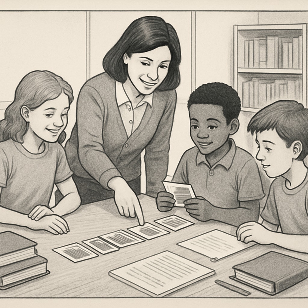 A teacher and students collaboratively piecing together a ReZoom activity on a classroom table, emphasizing teamwork. Teacher assisting students with a ReZoom activity to restore the correct sequence.
