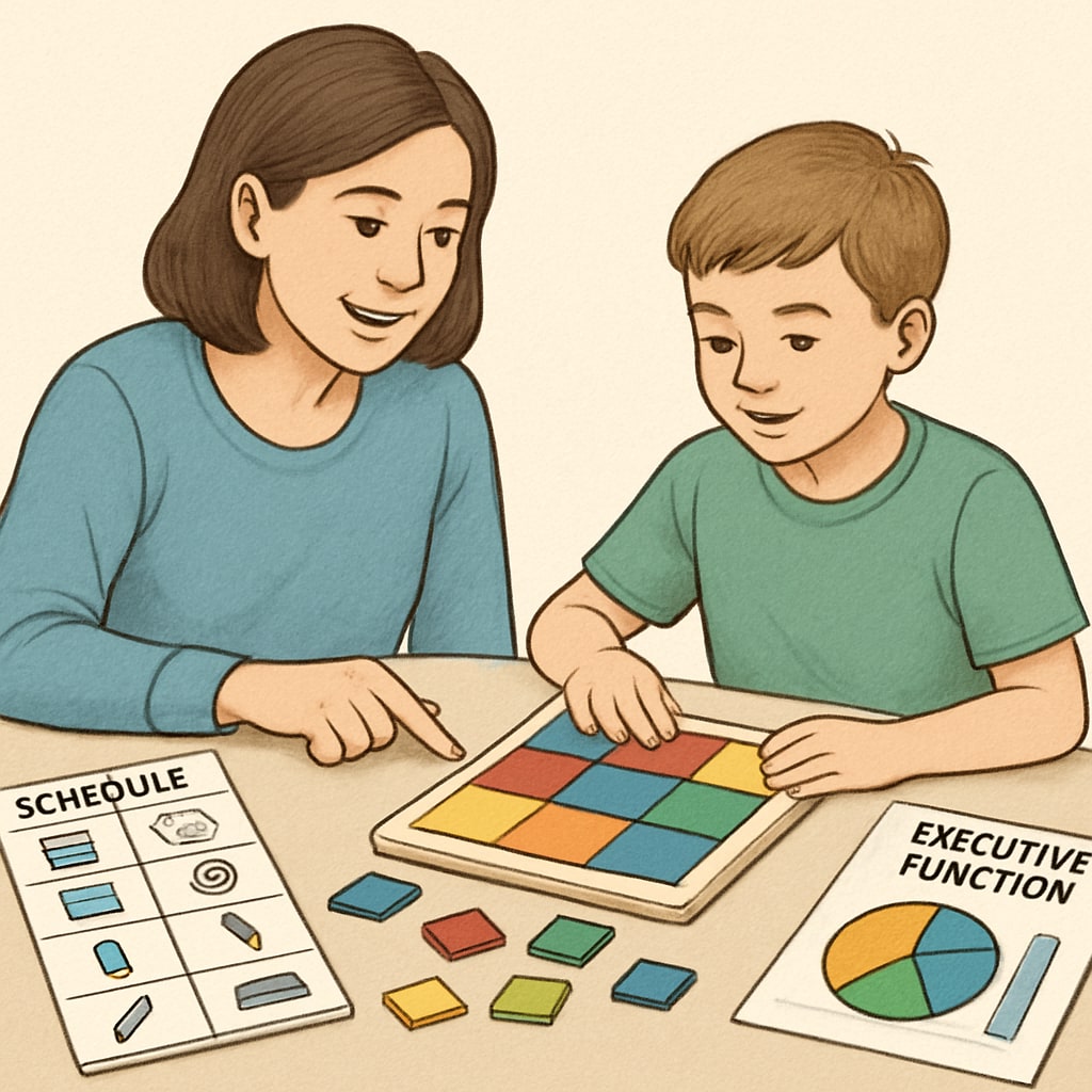 A parent working hands-on with a child, using structured tools like schedules or puzzles to enhance executive function. Parent assisting child with structured activity to develop executive function, ADHD, and parental guidance skills.