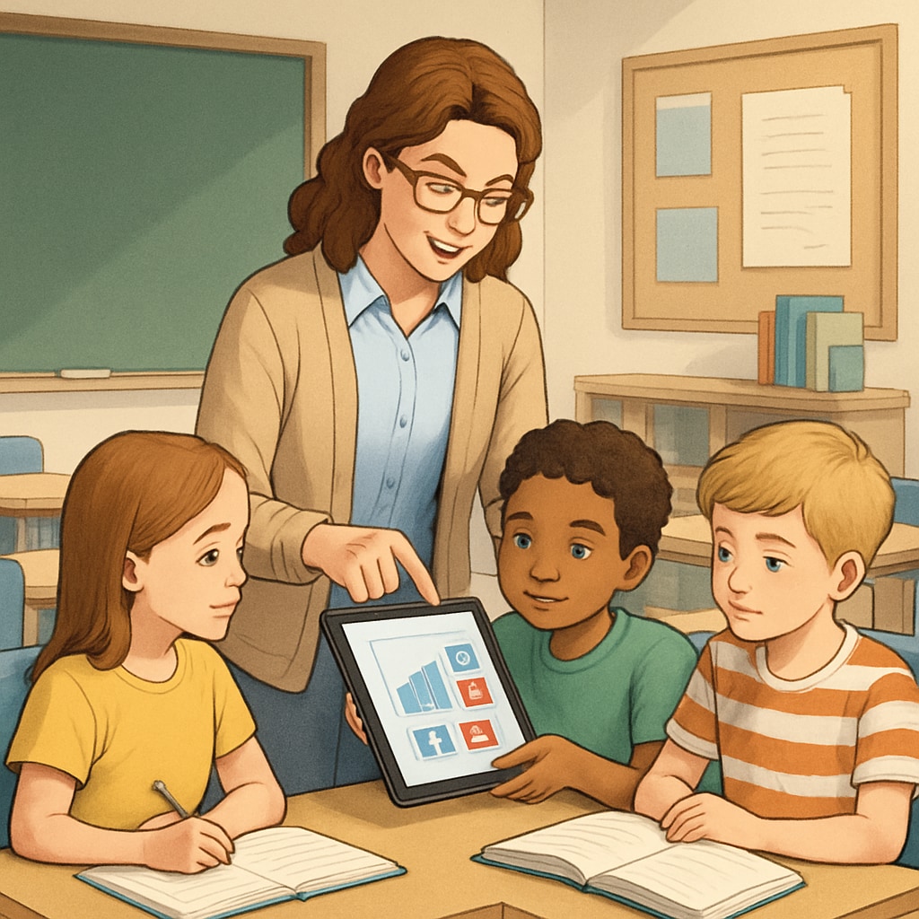 A teacher using a tablet to guide young students in a classroom setting, showcasing the app's educational potential. Teacher demonstrating a children's reading app in a classroom
