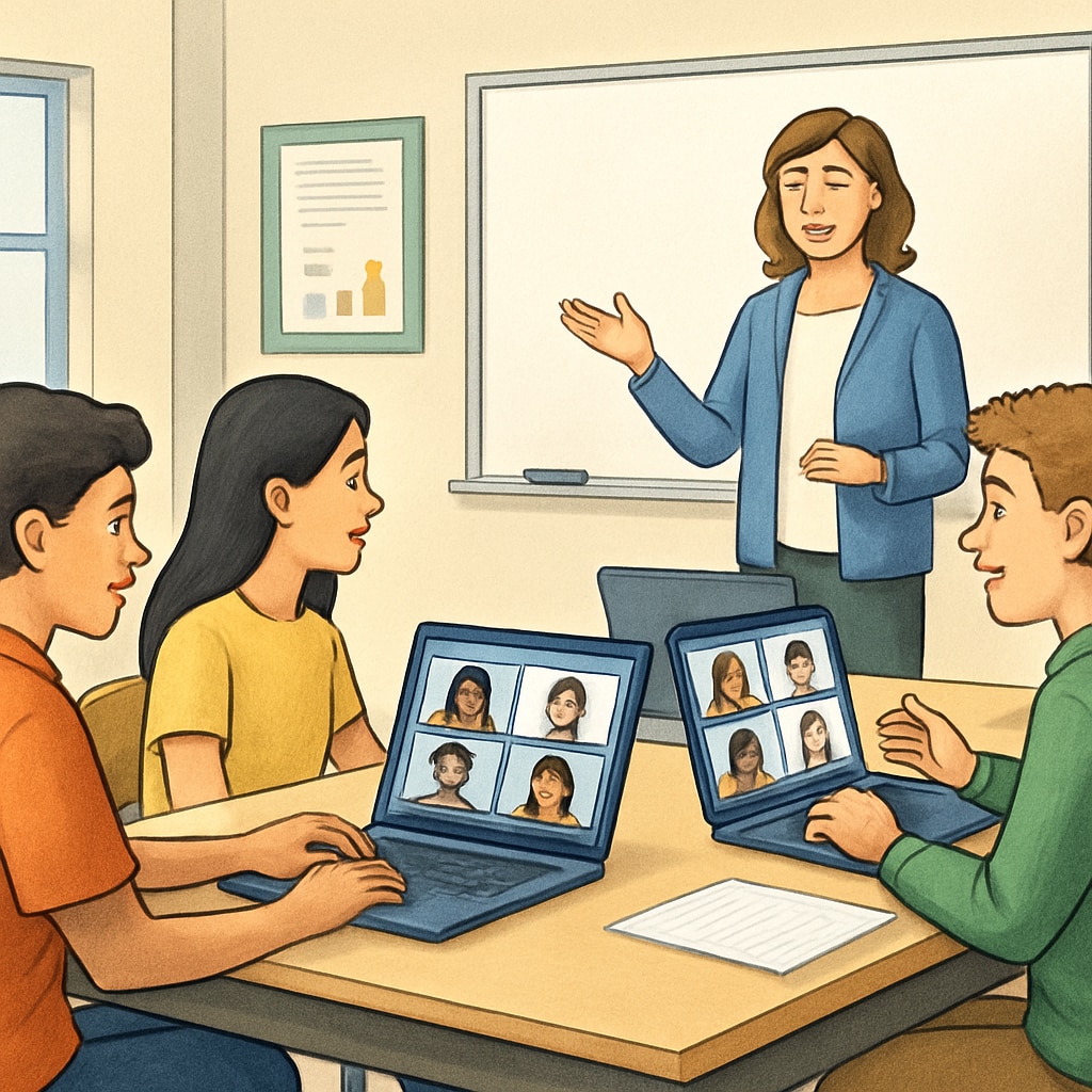 A detailed visual representation of students collaborating on a Zoom activity in a classroom setting. Students working together on a Zoom activity to identify answer sequences.