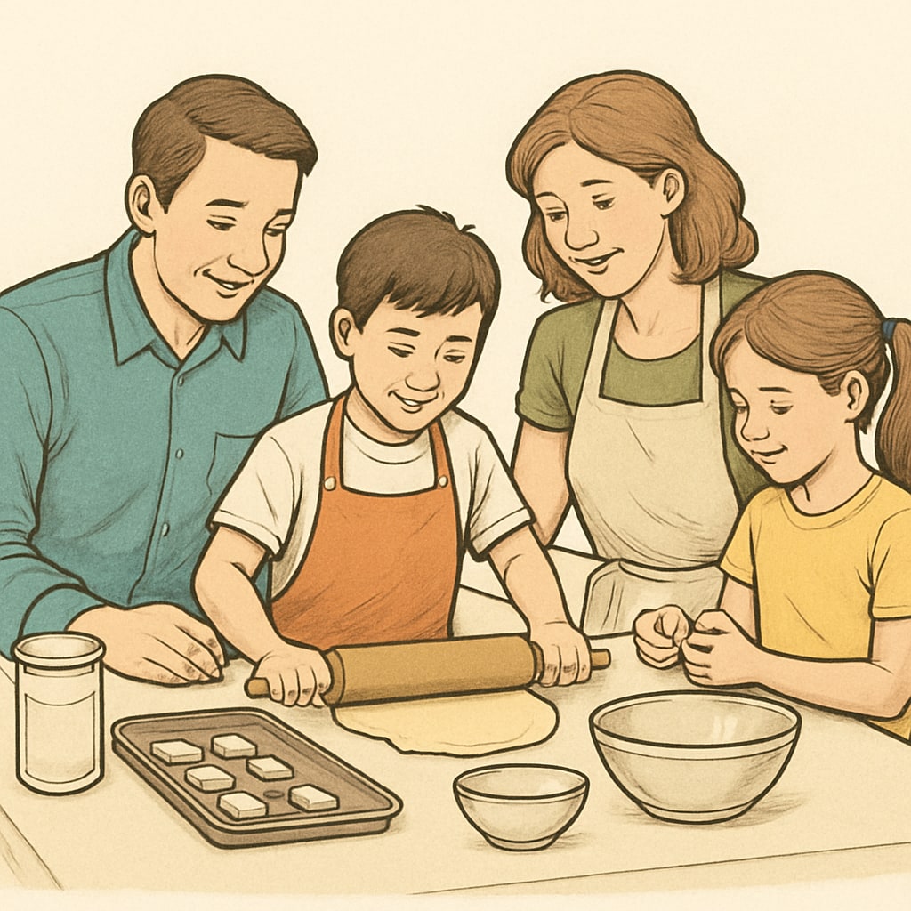 A family enjoying a collaborative activity, like baking or crafting, to strengthen emotional bonds and provide support. Family bonding activity demonstrating parental support for executive function and ADHD management.