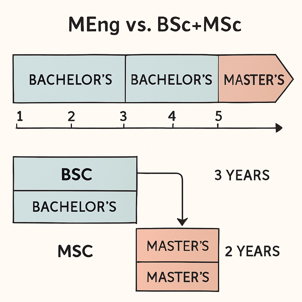 A diagram illustrating the education pathways of MEng vs. BSc+MSc, highlighting their timelines and structural differences. Diagram comparing MEng and BSc+MSc pathways in design engineering education.