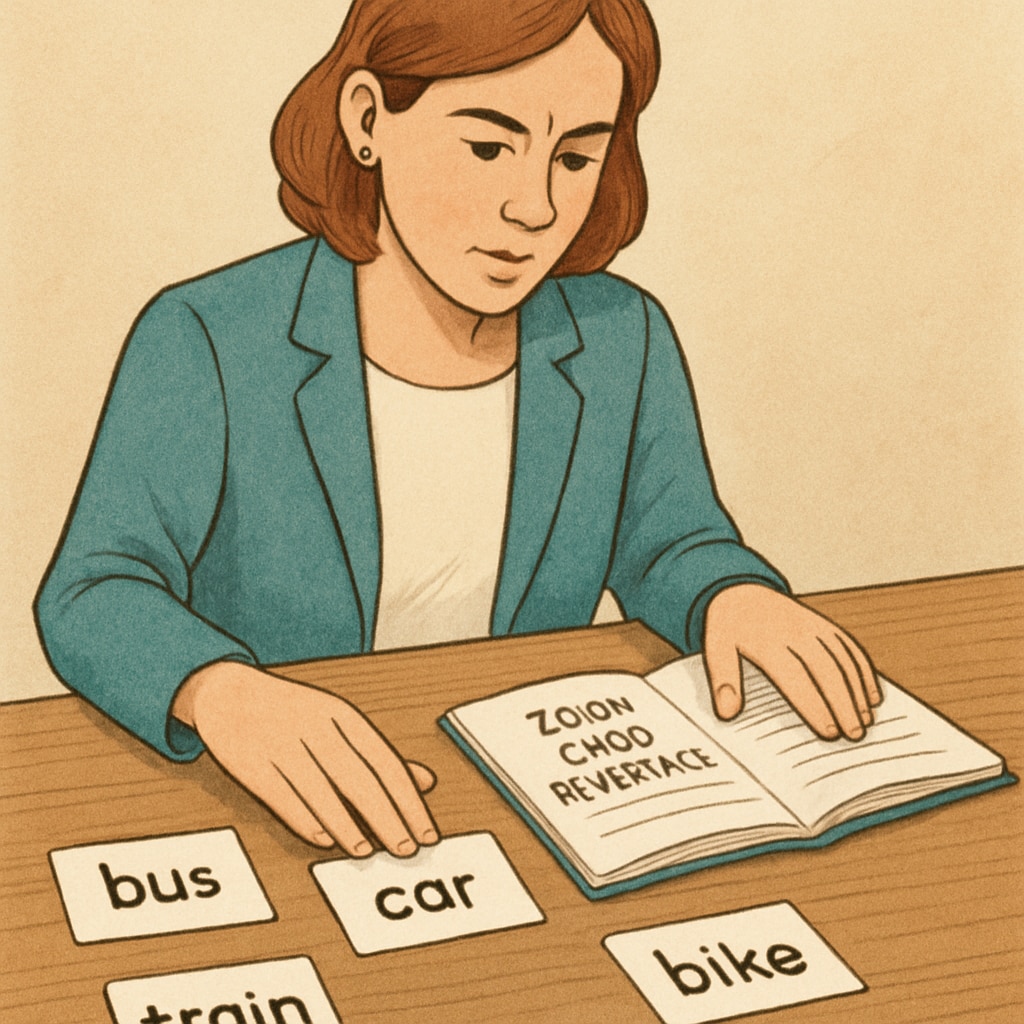 A close-up image of Zoom cards being organized by a teacher with the help of a reference guide. Teacher organizing Zoom cards to reconstruct the original answer sequence.