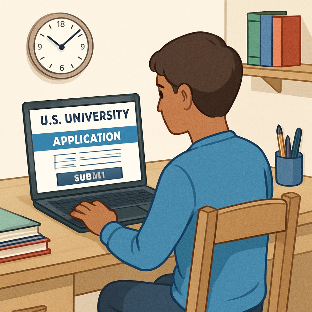 A student reviewing a U.S. university application portal on their laptop, symbolizing the importance of timing. Student reviewing a U.S. master's application, highlighting timing considerations.