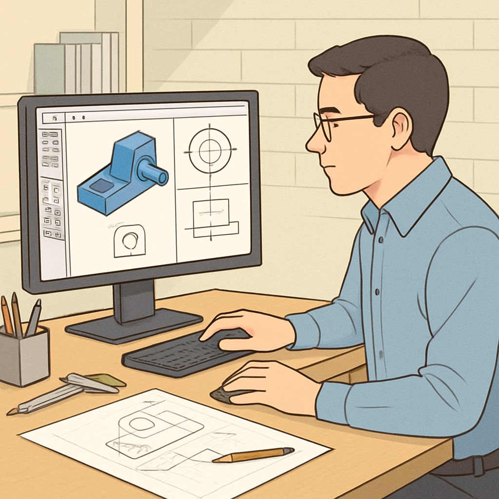 A professional engineer designing a product using CAD software in a workplace environment. Engineer working on a CAD model, representing career outcomes in design engineering.