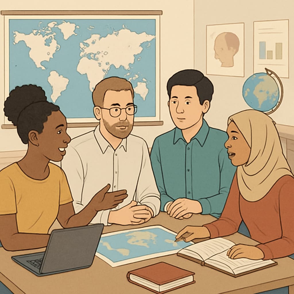 A group of international students discussing graduate program options, representing global alternatives to U.S. education. International students discussing alternatives to U.S. master's programs.