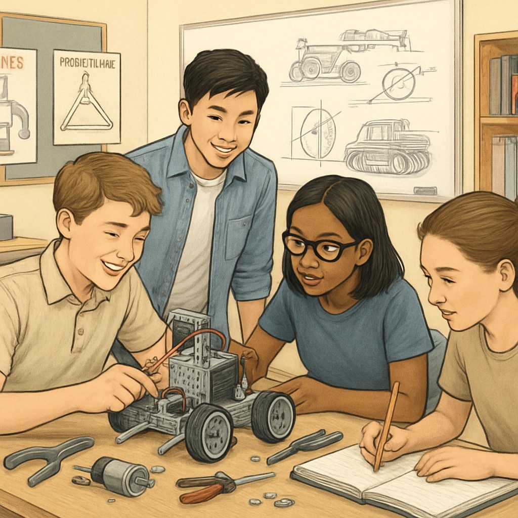 High school students working on a robotics design project, showcasing the importance of K12 STEM education in career planning for design engineering.