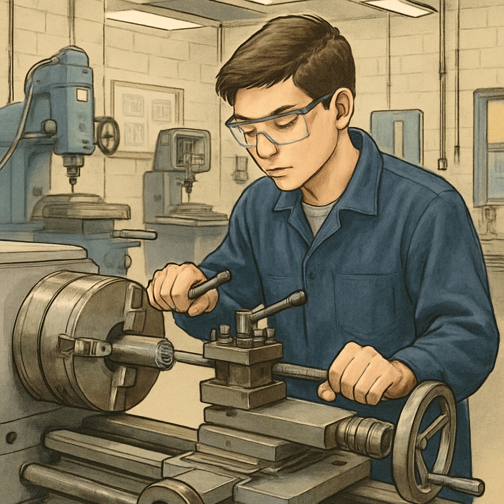 A high school student operating industrial machinery in a CTE workshop, demonstrating hands-on technical skills. High school student learning technical skills in a CTE workshop.