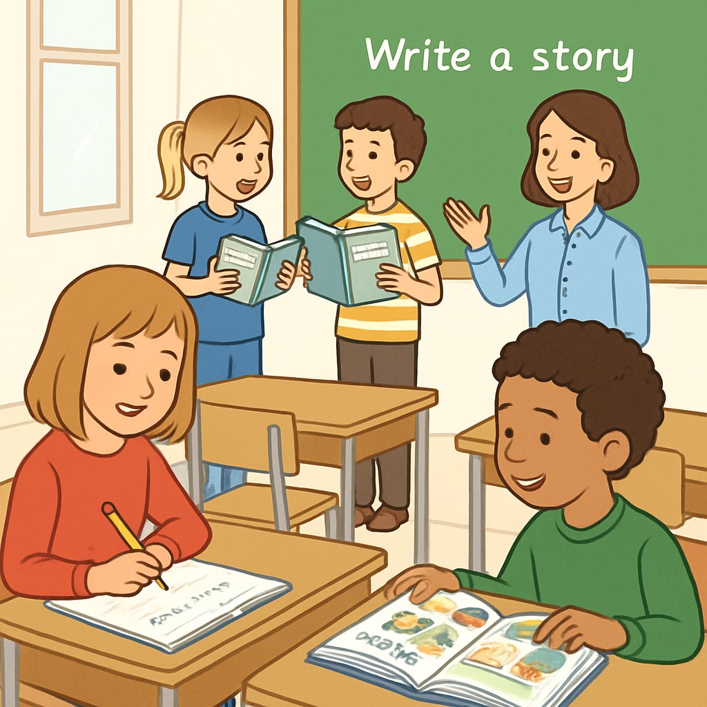 A classroom scene of children using 