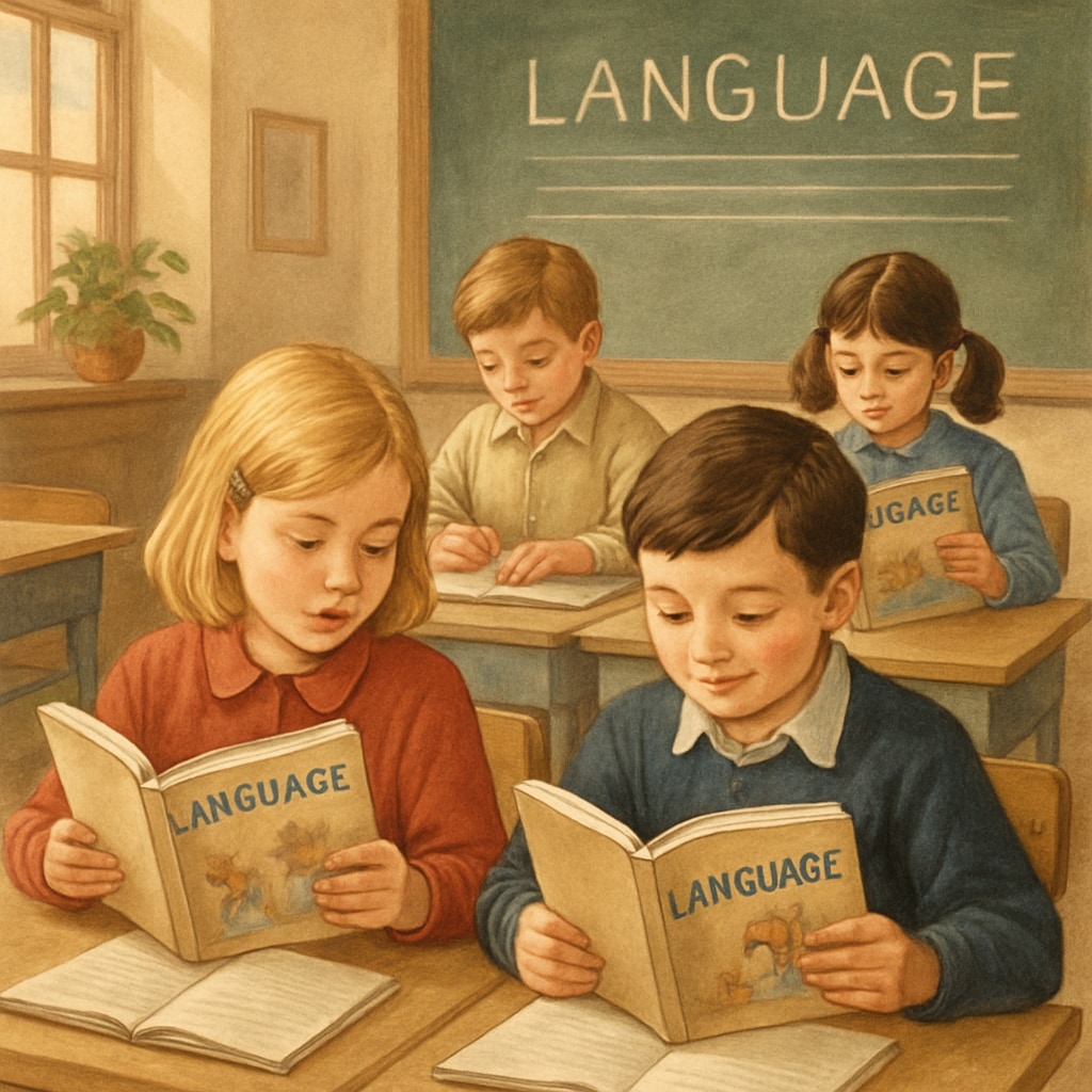 A nostalgic classroom scene with children using traditional language textbooks, reflecting the era of Kids in a classroom using