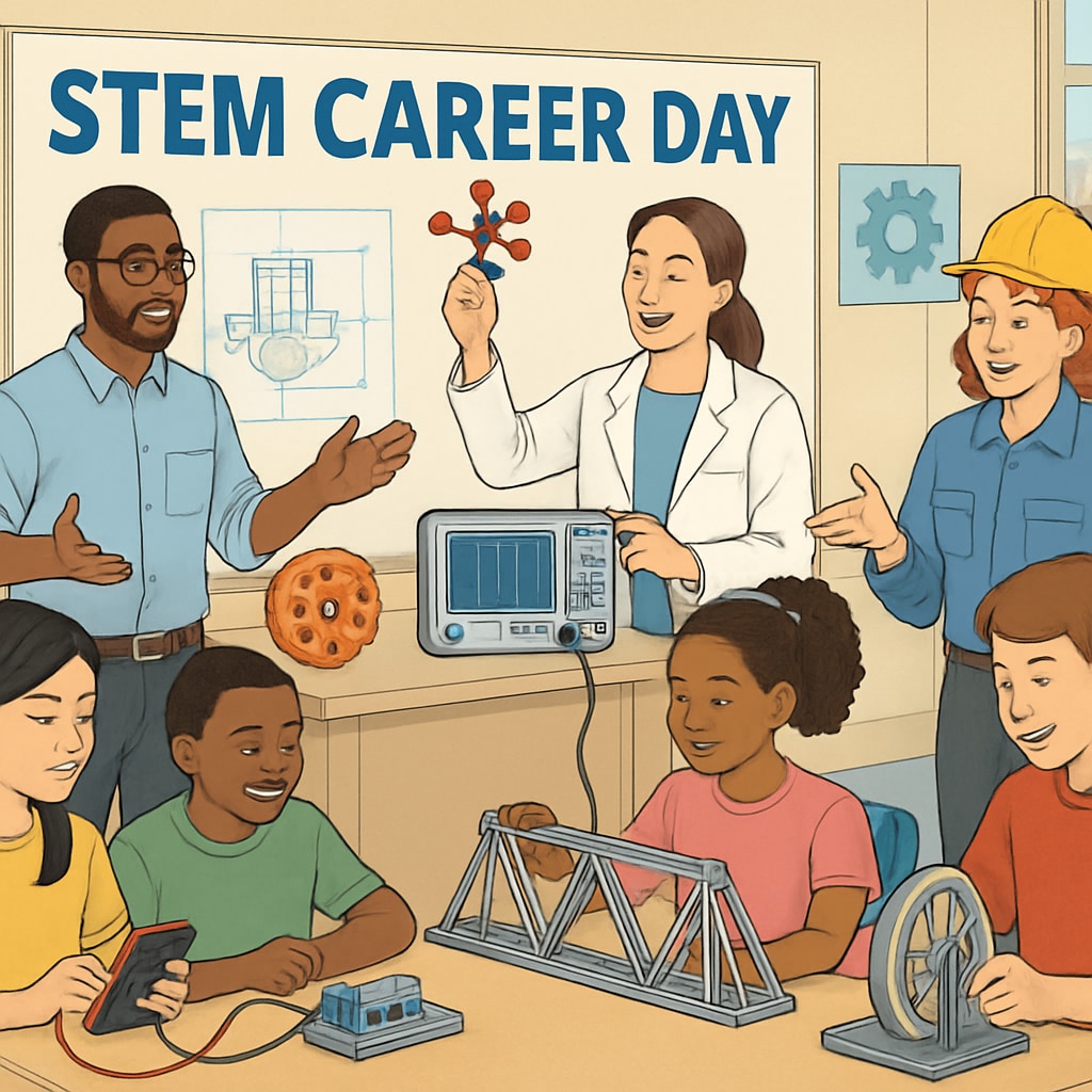 Students interacting with professionals during a STEM career day event.