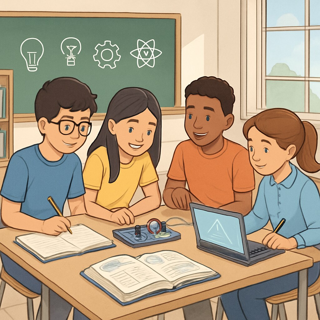 A classroom where students are working collaboratively on a STEM project, integrating technical and academic skills. Students collaborating on a STEM project that integrates academic and technical learning.
