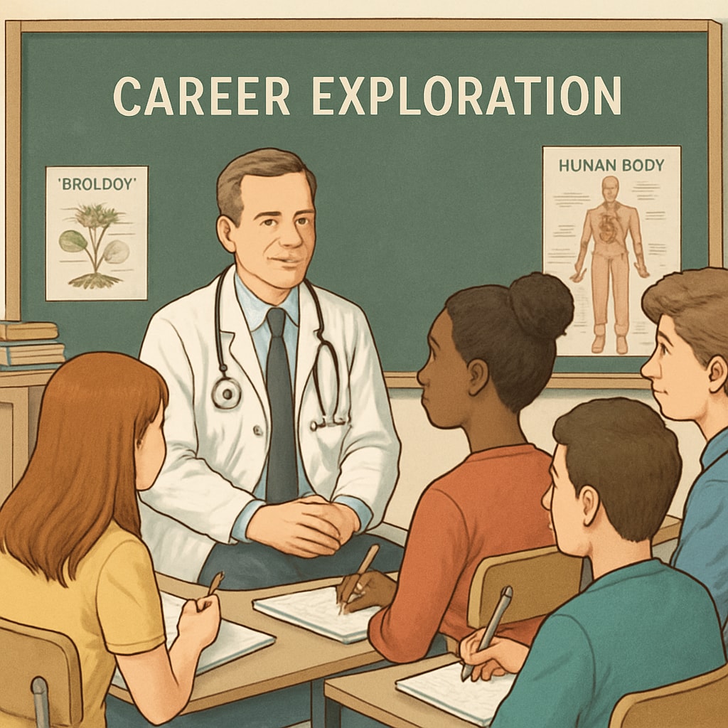 A group of students interviewing a doctor in a classroom setting, emphasizing career exploration in education. Students interviewing a medical professional during a school career exploration project.