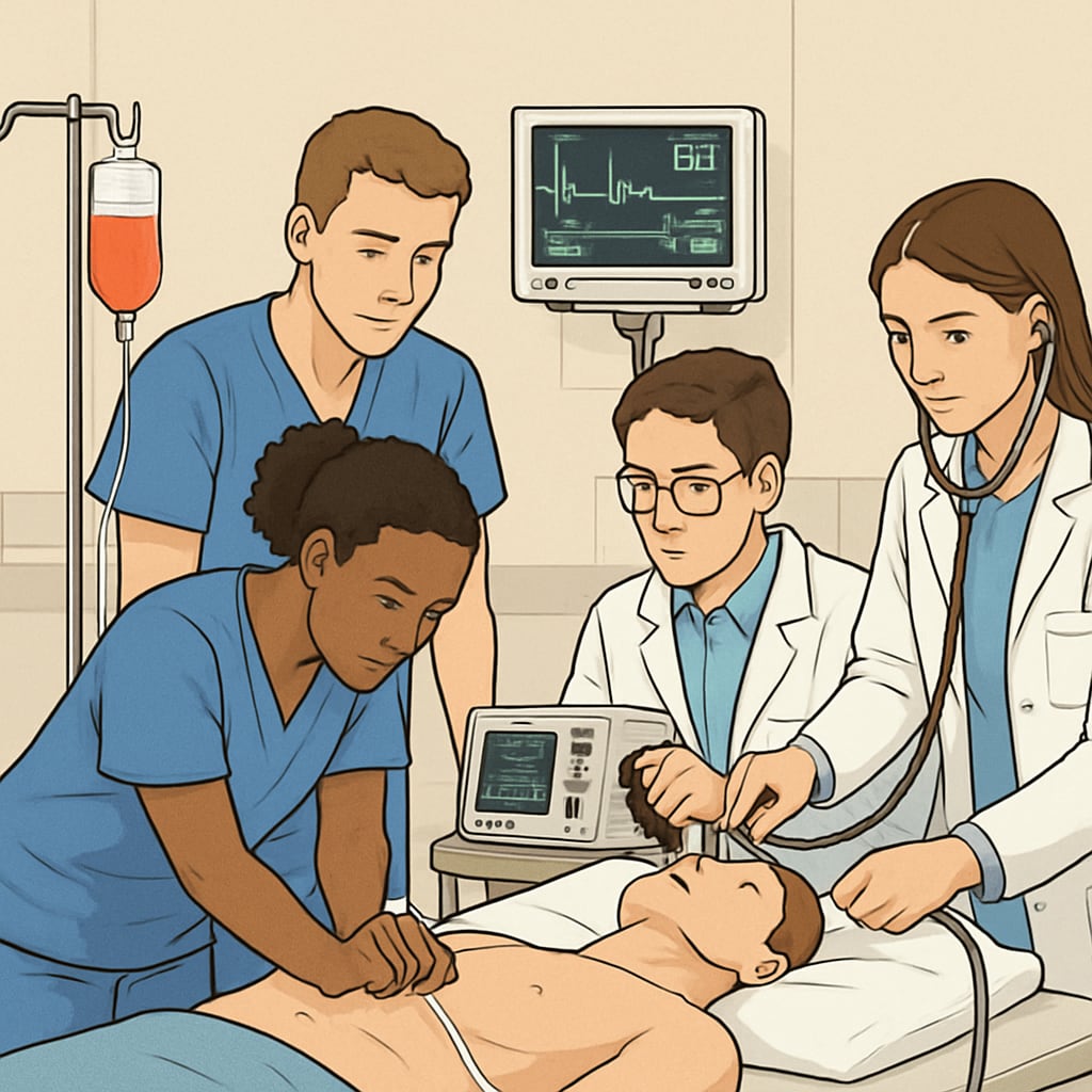Students engaging in a medical simulation activity as part of career exploration.