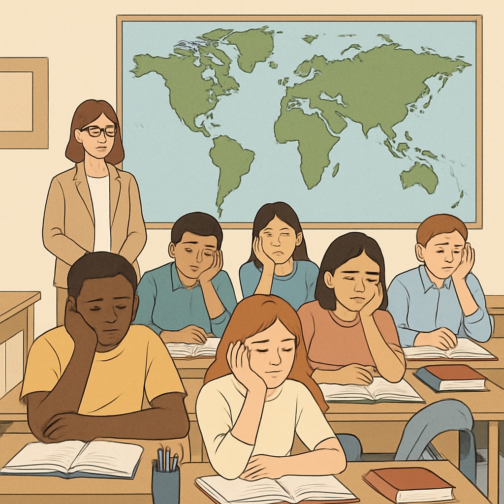 A global classroom setting with students looking disengaged, symbolizing the widespread issue of student boredom. Global classroom setting showing disengaged students, highlighting student boredom worldwide.