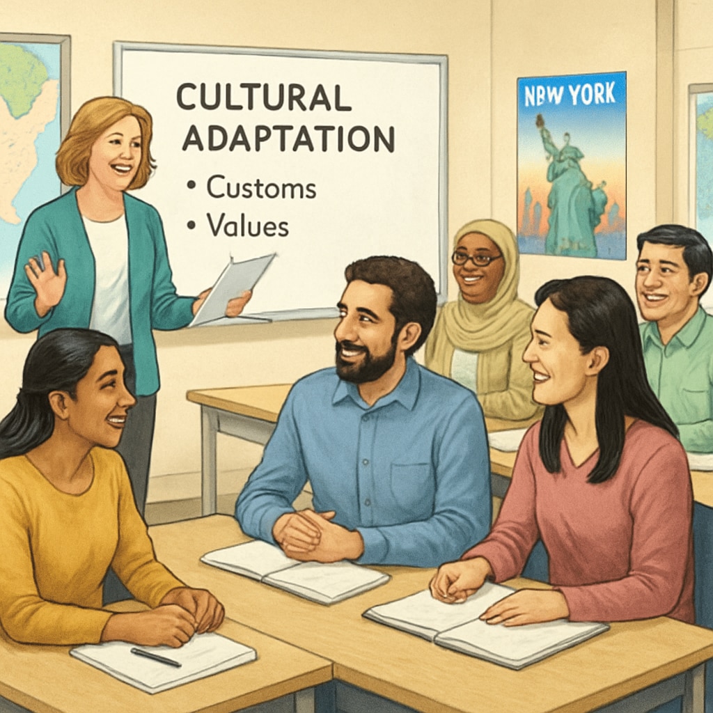 A diverse classroom in New York City featuring adult international students participating in cultural adaptation training. Adult international students in a New York classroom learning cultural adaptation basics