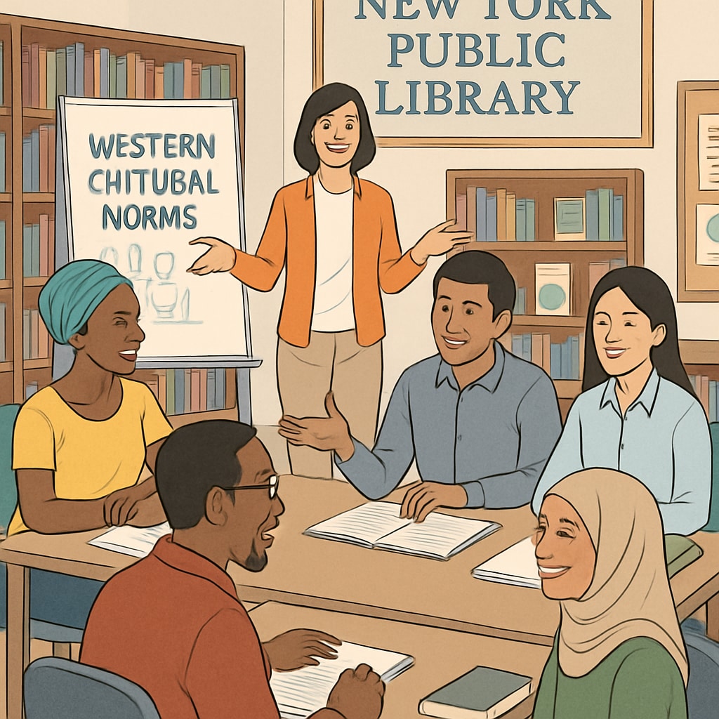 An adult education workshop in a New York library where international students learn about Western cultural norms. International students in a New York library learning about Western culture