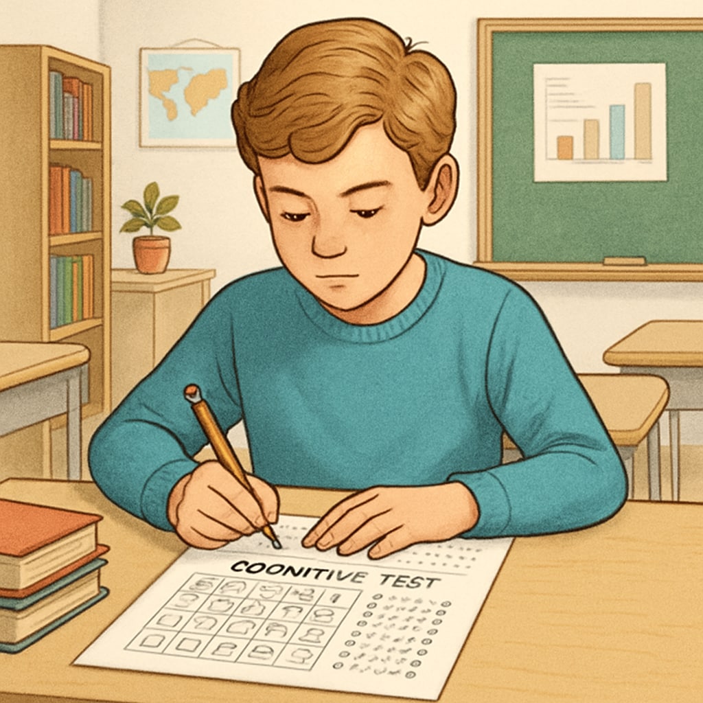 A young student taking a standardized cognitive test at a desk, representing intelligence assessment. A child completing a standardized test, related to gifted children and intelligence assessment.