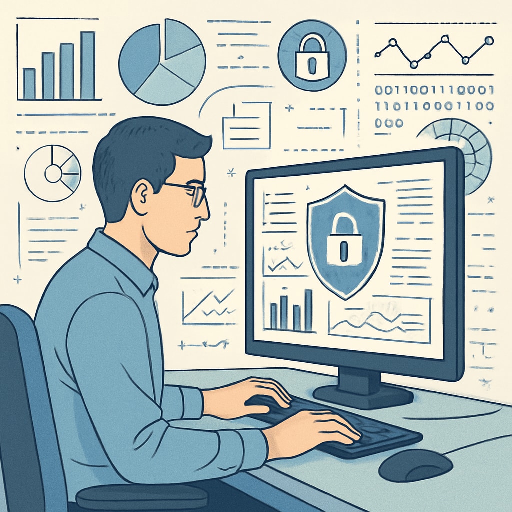 A cybersecurity professional analyzing data in a modern office setting, symbolizing the importance of skills over university prestige. Cybersecurity professional analyzing data in an office environment.